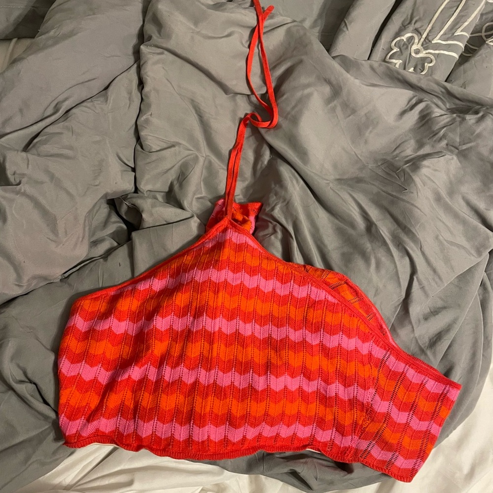 Red pink and orange patterned Show me your Mumu 70s style halter crop top